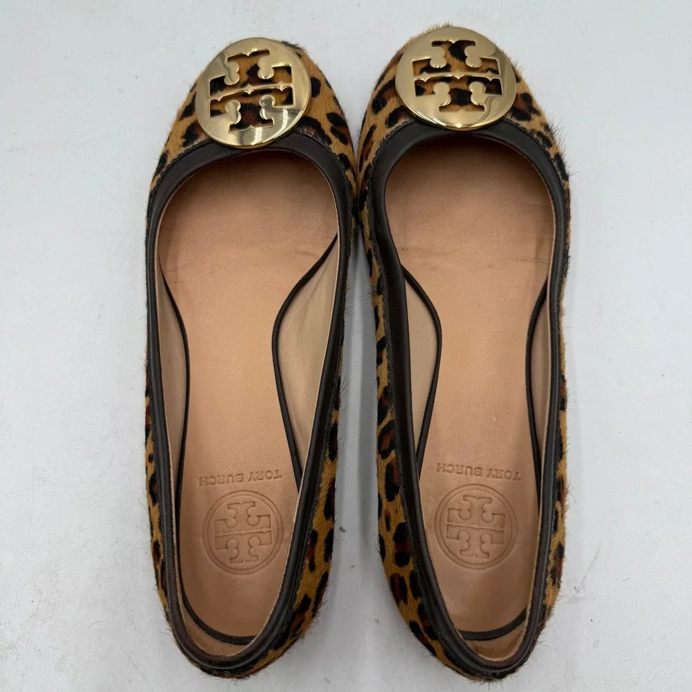 Tory Burch Ballet Flats Reva Calf Hair Leopard Print Brown Womens Size 7M